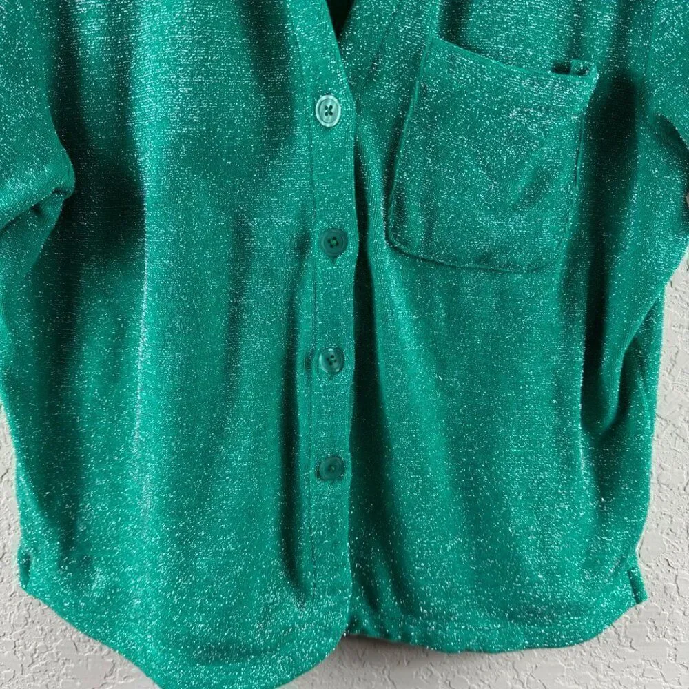 Frankies Bikinis Coco Sparkle Terry Button Up Shirt Mistletoe Green Large Beach